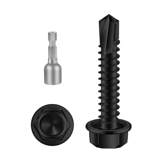ERUCND-#8 x 1-1/4" Hex Washer Head Self Drilling Screws, Self Tapping Sheet Metal Screws, 410 Stainless Steel, Black Finish, 100 PCS