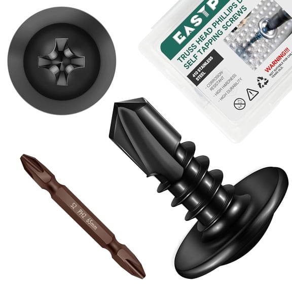 ERUCND-#8 x 1/2" Black Self Tapping Screws for Metal, Truss Head Phillips Drive 410 Stainless Steel Self Drilling Sheet Metal Screws with Drill Bit, Fast Tapping (Box of 200)