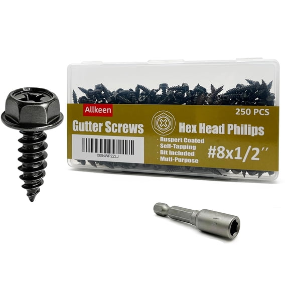 ERUCND-#8 x 1/2" Gutter Screws Hex Head Self-Tapping Screws Black Ruspert Finish, 250 Pieces, 1/4" Magnetic Driver Included