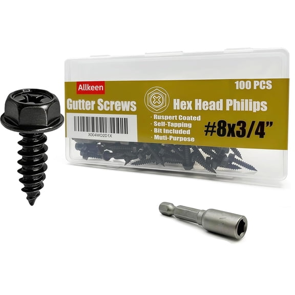 ERUCND-#8 x 3/4" Self-Tapping Gutter Screws Hex Head Black Ruspert Coated Finish, 100 Pieces, 1/4" Magnetic Driver Included