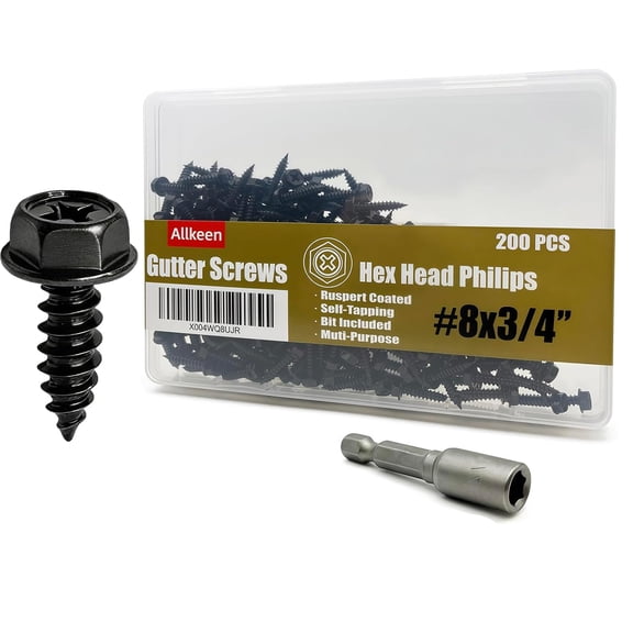ERUCND-#8 x 3/4" Self-Tapping Gutter Screws Hex Head Black Ruspert Coated Finish, 200 Pieces, 1/4" Magnetic Driver Included