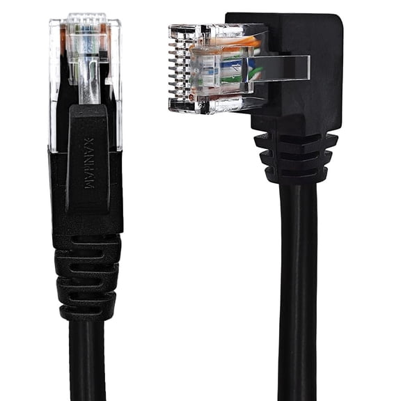 ERUCND-90 Degree Cat 6 Ethernet Cable Left Angle 6.6FT RJ45 Network Patch Cord Down/Up/Right/Left Angle LAN Connection Cable for Router, Modem, PC, Computer, Laptop, and Smart TV, Black