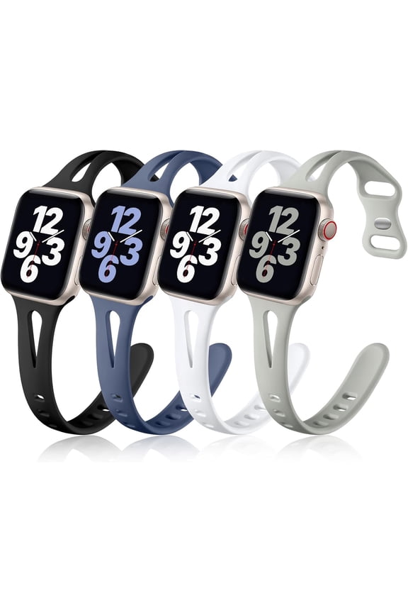 -Band Compatible with Apple Watch 42mm 44mm 45mm 46mm 49mm Women, Soft Silicone Breathable Slim Sport Bands for iWatch Ultra Series 11 10 9 8 7 6 5 4 3 2 1 SE, Black/White/Pebble Gray/Blue Gray