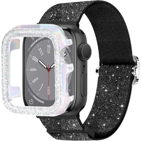 ERUCND-Bling Stretchy Band with Bling Case Fit Apple Watch Bands for Women 44mm, Elastic Sport Solo Loop iWatch Bands for Cute iPhone Watch Series 6 5 4 SE-Black Nylon Band+Sparkly Silver Cover