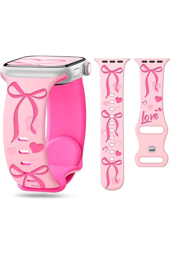 -Bow Engraved Band for Apple Watch Bands 40mm 41mm 42mm(S10/11) 38mm iWatch Bands Series 11 10 9 8 7 SE 6 5 4 3 for Women, Dressy Hot Pink Ribbon Cute Bowknot Soft Silicone Strap-Pink