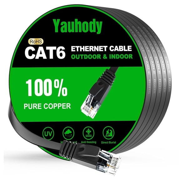 ERUCND-CAT 6 Ethernet Cable 50ft Black, High Speed Solid Flat CAT6 Gigabit Internet Network LAN Patch Cords, Bare Copper Snagless RJ45 Connector for Modem, Router, Computer (50ft, Black)