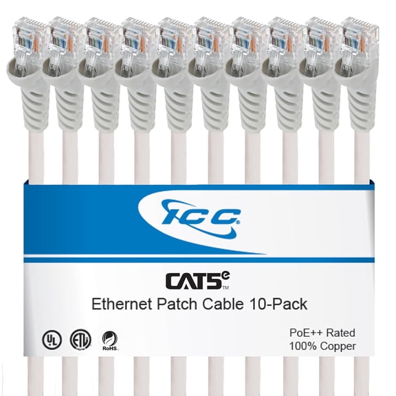 ERUCND-CAT5e Ethernet Patch Cord 1 FT 10-Pack, UTP 24 AWG UL Listed, PoE++, 100% Stranded Copper Snagless Patch Cable for Patch Panel to Network Switch for Data Center, Office, and Home, 1 Feet White