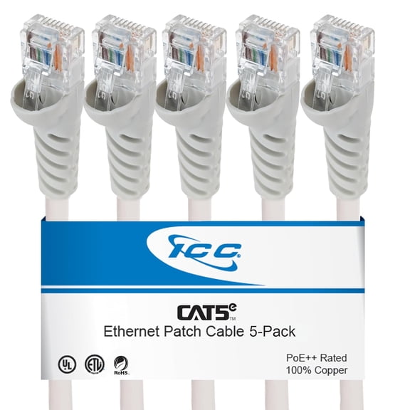 ERUCND-CAT5e Ethernet Patch Cord 25 FT 5-Pack, UTP 24 AWG UL Listed, PoE++, 100% Stranded Copper Snagless Patch Cable for Patch Panel to Network Switch for Data Center, Office, and Home, 25 Feet Whit
