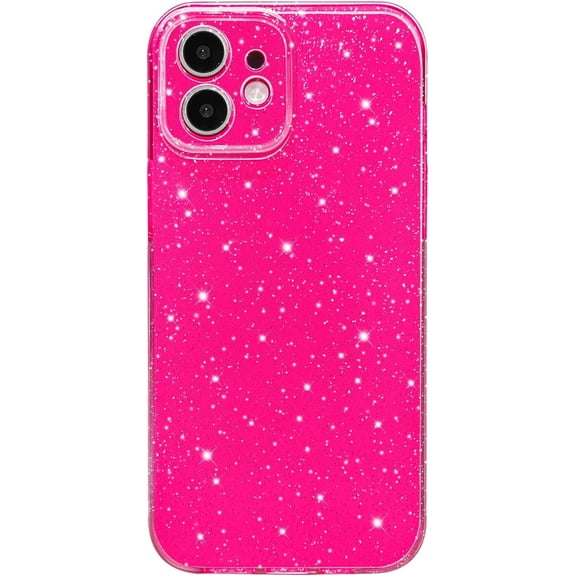 ERUCND-Case for iPhone 12 Case Glitter Cute Sparkly Shiny Bling Sparkle Phone Cases 6.1", Thin Slim Fit Soft TPU Bumper Shockproof Rubber Protective Cover for Women Girls Girly, Hot Pink