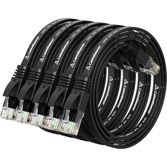 ERUCND-Cat 6 Ethernet Cable 1.5 ft (5 Pack) (at a Cat5e Price but Higher Bandwidth) Flat Internet Network Cables - Cat6 Ethernet Patch Cable Short - Black Computer Cable with Snagless RJ45 Connectors