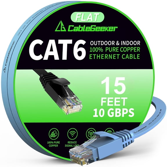ERUCND-Cat 6 Ethernet Cable 15ft, Indoor&Outdoor, High Speed 10Gbps Flat Internet Network Cable, Pure Copper Ethernet Patch Cable Short, Cat6 Computer Cable with Snagless RJ45 Connectors, Blue
