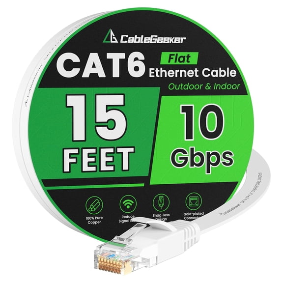 ERUCND-Cat 6 Ethernet Cable 15ft, Indoor&Outdoor, High Speed 10Gbps Flat Internet Network Cable, Pure Copper Ethernet Patch Cable Short, Cat6 Computer Cable with Snagless RJ45 Connectors, White