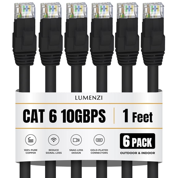 ERUCND-Cat 6 Ethernet Cable 1ft, Black (6-Pack) Short Round RJ45 LAN Patch Cable, 10Gbps High-Speed Networking and Gaming Available in 0.5ft, 3ft, 5ft, 7ft, 14ft, 25ft, 100ft, 500ft, 100