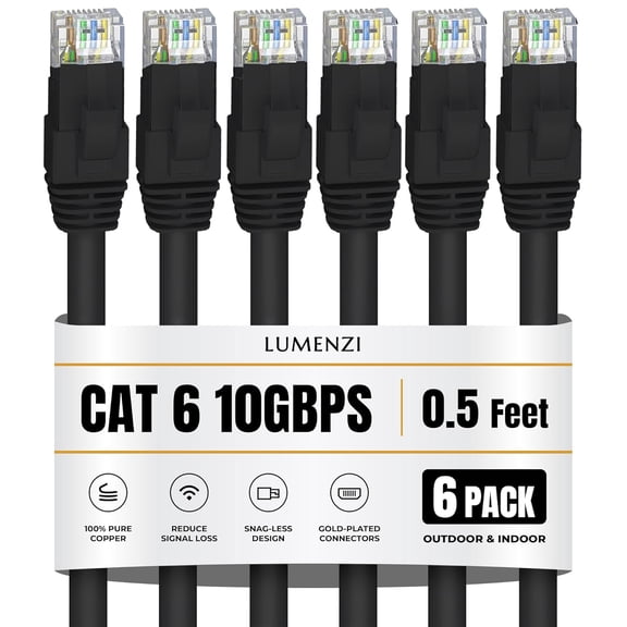 ERUCND-Cat 6 Ethernet Cable 1ft, Black (6-Pack) Short Round RJ45 LAN Patch Cable, 10Gbps High-Speed Networking and Gaming Available in 0.5ft, 3ft, 5ft, 7ft, 14ft, 25ft, 100ft, 500ft, 100