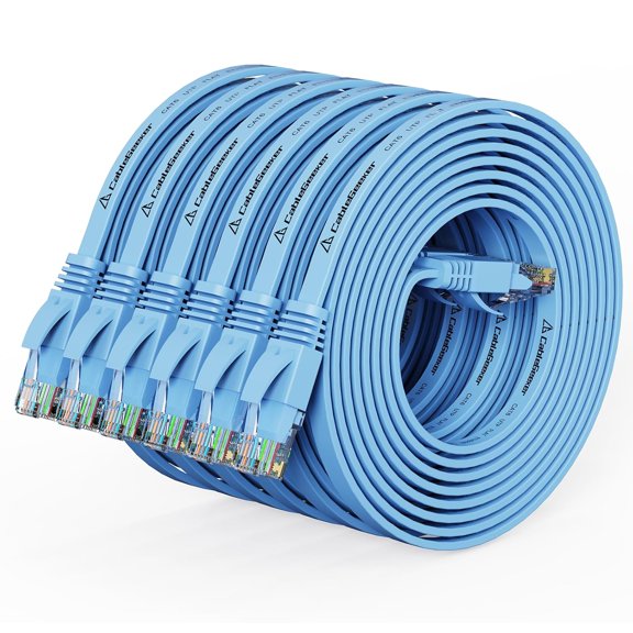 ERUCND-Cat 6 Ethernet Cable 7ft (6 Pack) (at a Cat5e Price but Higher Bandwidth) Flat Internet Network Cable - Cat6 Ethernet Patch Cable Short - Blue Computer Cable with Snagless RJ45 Connectors