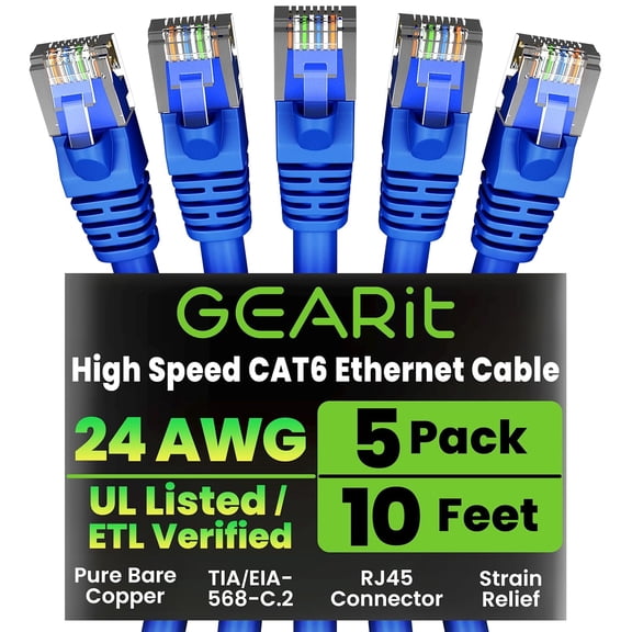 ERUCND-Cat 6 Ethernet Cable Pack - 5-Pack 10 ft Cat6 Ethernet Patch Cables | RJ45 Network Patch Cable, 10 Gbps Snagless Gold-Plated Connectors - Ethernet Cable Cat 6 for PC, TV, Router - Blue