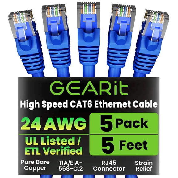 ERUCND-Cat 6 Ethernet Cable Pack - 5-Pack 5 ft Cat6 Ethernet Patch Cables | RJ45 Network Patch Cable, 10 Gbps Snagless Gold-Plated Connectors - Ethernet Cable Cat 6 for PC, TV, Router - Blue