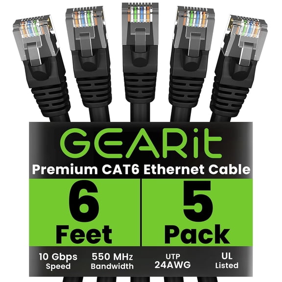 ERUCND-Cat 6 Ethernet Cable Pack - 5-Pack 6 ft Cat6 Ethernet Patch Cables | RJ45 Network Patch Cable, 10 Gbps Snagless Gold-Plated Connectors - Ethernet Cable Cat 6 for PC, TV, Router - Black