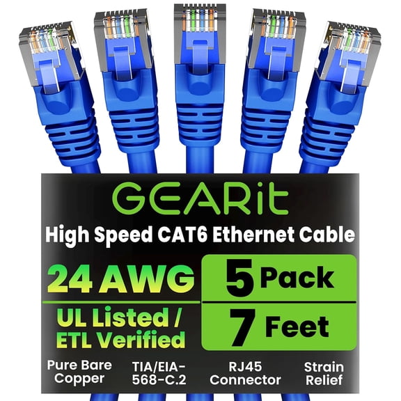 ERUCND-Cat 6 Ethernet Cable Pack - 5-Pack 7 ft Cat6 Ethernet Patch Cables | RJ45 Network Patch Cable, 10 Gbps Snagless Gold-Plated Connectors - Ethernet Cable Cat 6 for PC, TV, Router - Blue