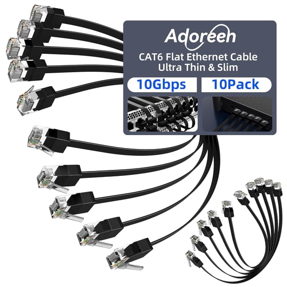 ERUCND-Cat 6 Flat Ethernet Cable 0.6 Ft/10 Pack, High-Speed Internet Network Cable with Low Profile&Compact RJ45 Connector, Thin Slim Flexible Short Patch Cord, 10Gbps, POE for Cat6 Cat 5e 5, Black