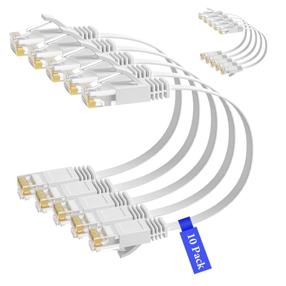 ERUCND-Cat 6 Flat Ethernet Cable 0.6 Ft/10 Pack, High Speed Slim Short Patch Cables Internet Cables, 30 AWG Pure Copper 10Gbps 500MHz,Thin Flexible for POE Cat6 Cat 5e Cat 5 Network Cable Cord-White