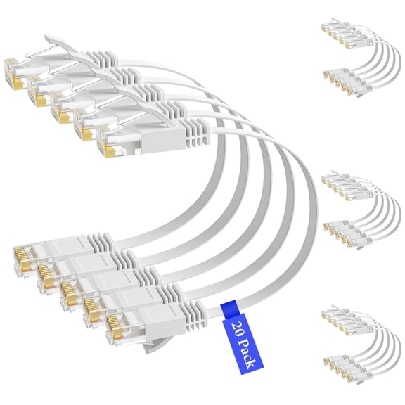 ERUCND-Cat 6 Flat Ethernet Cable 1 Ft/20 Pack, High Speed Slim Short Patch Cables Internet Cables, 30 AWG Pure Copper 10Gbps 500MHz,Thin Flexible for POE Cat6 Cat 5e Cat 5 Network Cable Cord-White