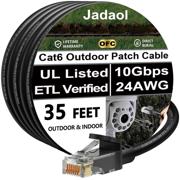 ERUCND-Cat 6 Outdoor Ethernet Cable 35 ft, Support Cat8/7 Network, 10Gbps 550MHz, 24AWG Pure Copper, Direct Burial Waterproof In-Ground UV Resistant LAN Internet Patch Cable for Router, Modem, Switch