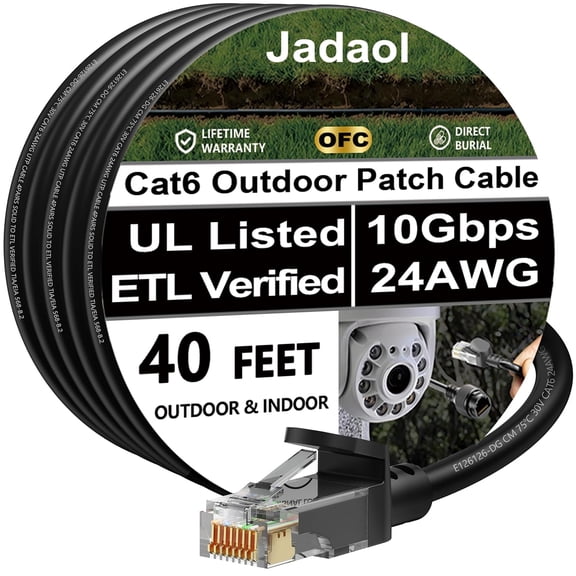ERUCND-Cat 6 Outdoor Ethernet Cable 40 ft, Support Cat8/7 Network, 10Gbps 550MHz, 24AWG Pure Copper, Direct Burial Waterproof In-Ground UV Resistant LAN Internet Patch Cable for Router, Modem, Switch