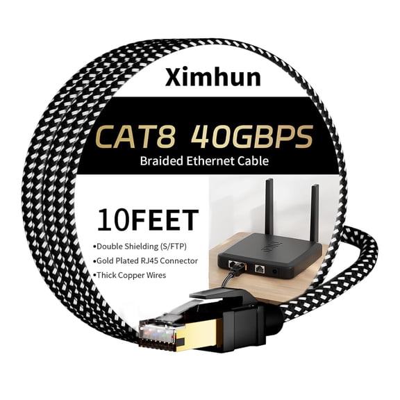ERUCND-Cat 8 Ethernet Cable 10FT, Nylon Braided High Speed Internet Network Cable with RJ45 Connector, 40Gbps 2000MHz Heavy Duty LAN Cable Indoor&Outdoor for Modem/Router/Gaming/PC