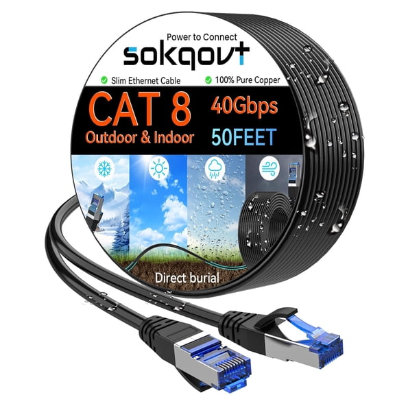 ERUCND-Cat 8 Ethernet Cable Slim 50ft Outdoor&Indoor, Pure Copper Cat8 Internet Cable for Waterproof & Direct Burial, Flexible Cat8 Ethernet Cable 40G 2000MHZ, Cat 8 Network Cable for Indoor Black