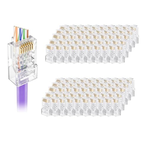 ERUCND-Cat5e Connectors RJ45 Pass Through 100-Pack with Longer Guide Rails for Easy Cable Insertion, 1000Mbps Cat 5 8P8C Ends, Cat 5e Modular Plugs for 24AWG Solid or Stranded UTP Network Cable