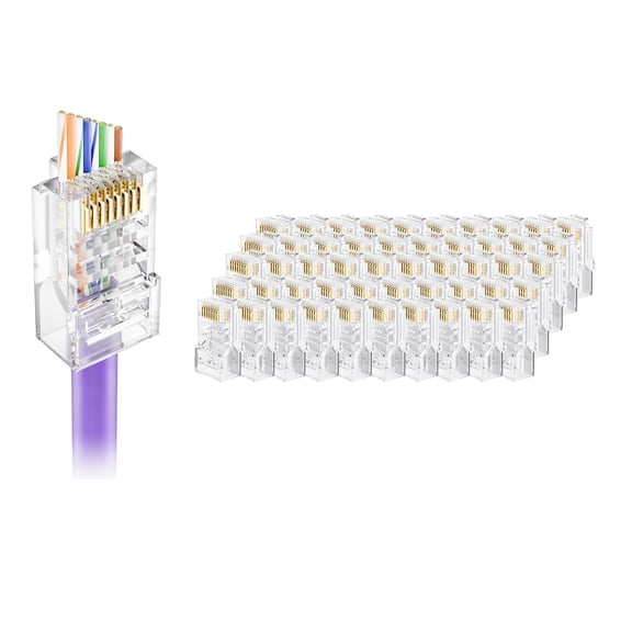 ERUCND-Cat5e Connectors RJ45 Pass Through 50-Pack with Longer Guide Rails for Easy Cable Insertion, 1000Mbps Cat 5 8P8C Ends, Cat 5e Modular Plugs for 24AWG Solid or Stranded UTP Network Cable