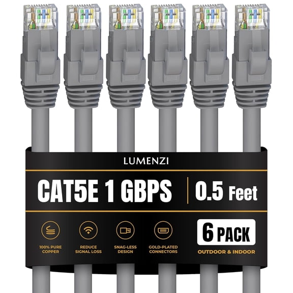 ERUCND-Cat5e Ethernet Cable 0.5ft, Gray (6-Pack) Short Round RJ45 LAN Patch Cable, 1Gbps High-Speed Networking and Gaming Available in 1ft, 3ft, 5ft, 7ft, 10ft, 14ft, 25foot