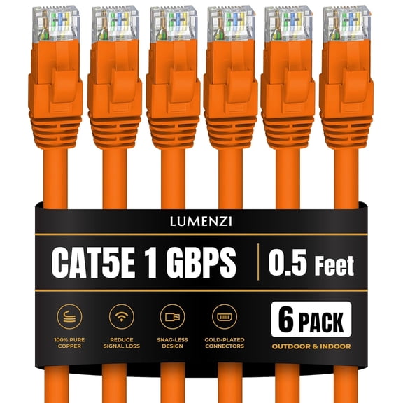 ERUCND-Cat5e Ethernet Cable 0.5ft, Orange (6-Pack) Short Round RJ45 LAN Patch Cable, 1Gbps High-Speed Networking and Gaming Available in 1ft, 3ft, 5ft, 7ft, 10ft, 14ft, 25foot