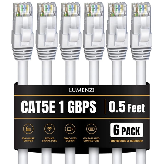 ERUCND-Cat5e Ethernet Cable 0.5ft, White (6-Pack) Short Round RJ45 LAN Patch Cable, 1Gbps High-Speed Networking and Gaming Available in 1ft, 3ft, 5ft, 7ft, 10ft, 14ft, 25foot