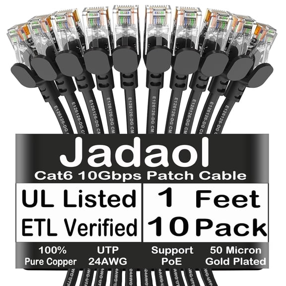 ERUCND-Cat6 1ft 10 Pack Patch Cable, 10Gbps High-Speed Ethernet, Support Cat8/7 Network, 24AWG Pure Copper, RJ45 Gold-Plated Connectors, LAN Network Cable for Patch Panel to Switch, Black