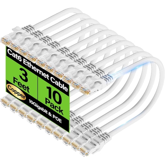 ERUCND-Cat6 Ethernet Cable 10Gbps 3 ft (10 Pack), UTP Ethernet Cable Cat 6, Flexible Bare Copper Cat6 Cable, Cat 6 Network Cable for Server, Data Center, White