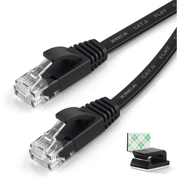 ERUCND-Cat6 Ethernet Cable 25 ft Black Gigabit Flat Network LAN Cable with 10 pcs Cable Clips Snagless Rj45 Connectors for Computer/Modem/Router/X-Box Faster Than Cat5e/Cat5