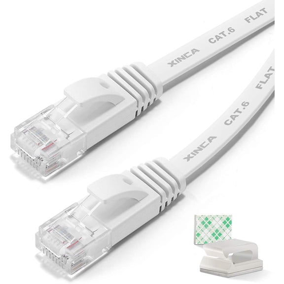 ERUCND-Cat6 Ethernet Cable 25 ft White Gigabit Flat Network LAN Cable with 10 pcs Cable Clips Snagless Rj45 Connectors for Computer/Modem/Router/X-Box Faster Than Cat5e/Cat5