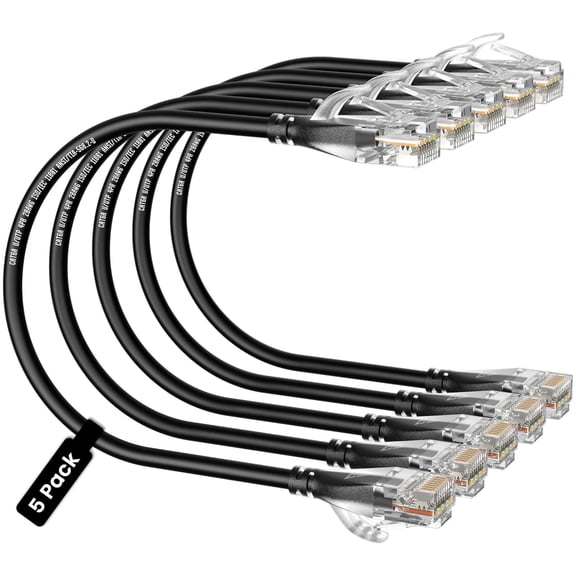 ERUCND-Cat6A Ethernet Patch Cable 2FT 5-Pack Black, Slim Cat 6a Network Cable with 10Gbps Speed, 550MHz, Pure Copper, 28AWG for High-Speed Internet Ethernet Cord