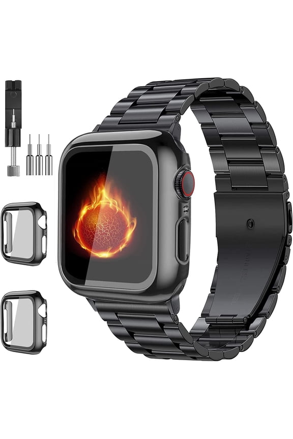 -Compatible with Apple Watch Band 49mm 46mm 44mm 45mm 42mm 40mm 38mm 41mm, Stainless Steel iWatch Bands with 2 Pack Tempered Glass Case for Series 11/10/9/Ultra 3 2/8/7/6/5/4/3/2/1/SE for Men