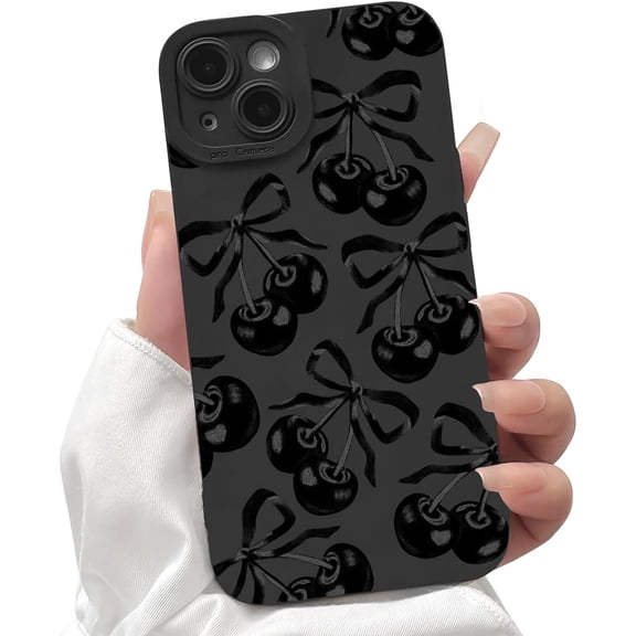 ERUCND-Compatible for iPhone 14 Case Cute Aesthetic Ribbon Bowknot with Black Design for Girls Women Soft TPU Shockproof Protective Girly for iPhone 14 Case-Cherry Bow