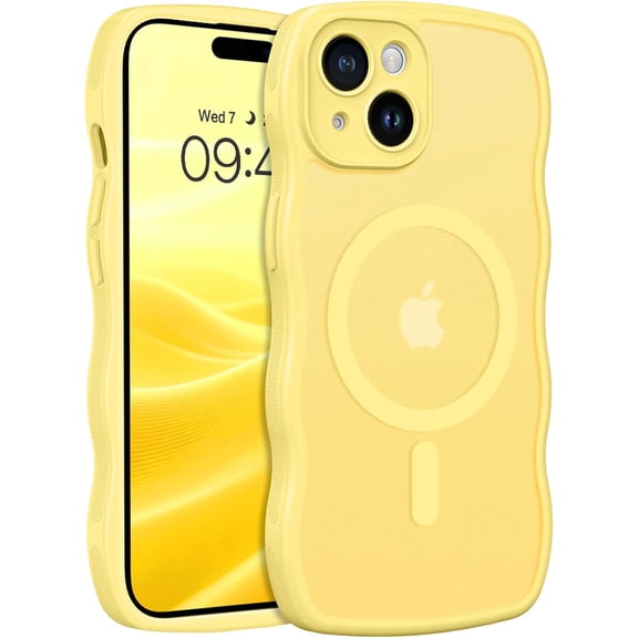 ERUCND-Compatible with iPhone 15 Case, [Compatible with Magsafe] Non-Slip Easier Grip Curly Wavy Frame Design Shockproof Protective Bumper Cute Magnetic Phone Cover for iPhone 15 6.1", Lemon Yellow