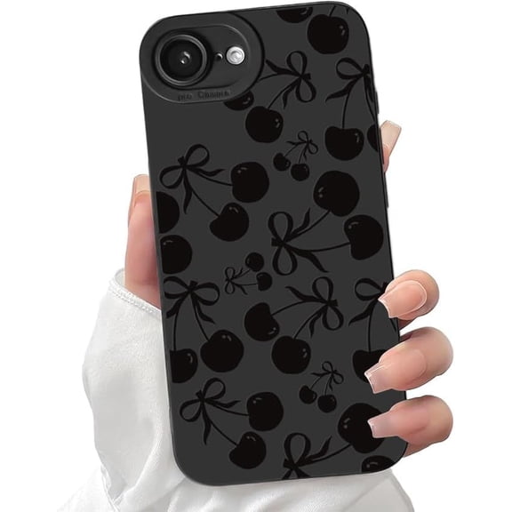 ERUCND-Compatible for iPhone 16e Case Cute Aesthetic Ribbon Bowknot with Black Design for Girls Women Soft TPU Shockproof Protective Girly for iPhone 16e Case-Small Cherry Bow