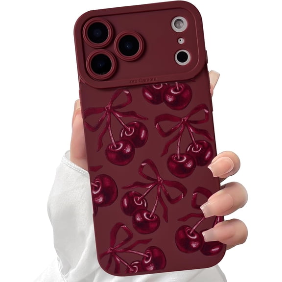 ERUCND-Compatible for iPhone 17 Pro Case Cute Aesthetic Ribbon Bowknot with Black Design for Girls Women Soft TPU Shockproof Protective Girly for iPhone 17 Pro Case-Wine Red Cherry Bow