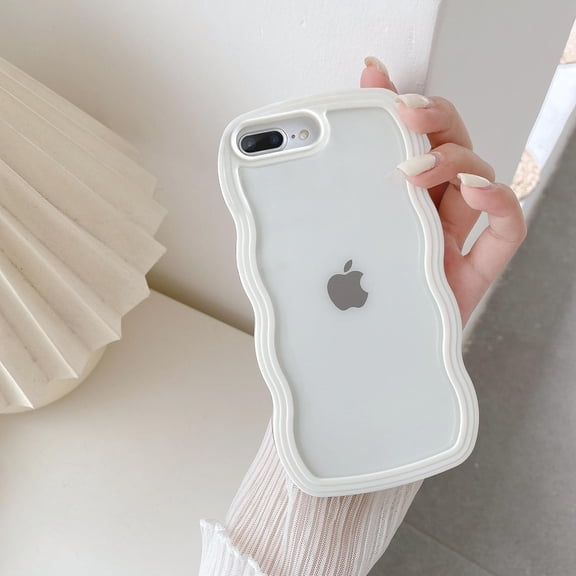 ERUCND-Compatible with iPhone 7 Plus/8 Plus Case, Cute Curly Wave Frame Clear Case for Girls Women, Transparent Soft Silicone TPU Bumper Shockproof Protective Phone Cover - White