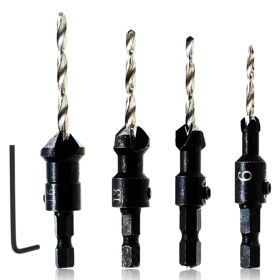 ERUCND-Countersink Drill Bit Set,4 PCS Hex Shank Wood Drill Bits,Quick Change Counter Sinker Drill Bit for Wood with Hex Key Wrench