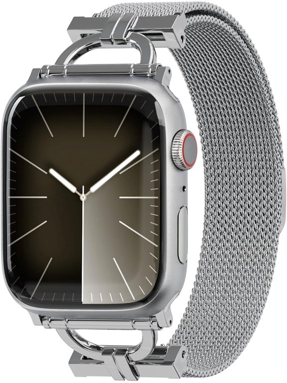 -Designed Mesh Loop Compatible With Apple Watch Band Series 9/8/7/6/5/4/3 42/44/45/49mm, Slim Classy Style Magnetic Strap for iWatch SE & Ultra 1/2, Women, Silver