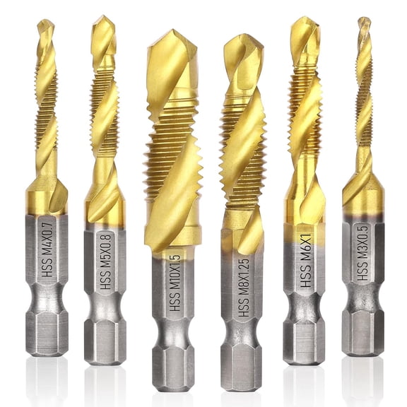 ERUCND-Drill Tap Set, 6 Packs Titanium Plated Combination Taps Drill Bit Set, M3 M4 M5 M6 M8 M10 Hex Shank HSS Screw Thread Metric Compound Tap Drill Bits Metal Drilling