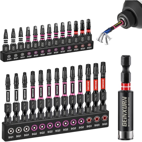 ERUCND-Geinxurn Impact #1#2#3 Square Screwdriver Bits Set, 26pcs 1 2 (SQ1/SQ2/SQ3) Magnetic S2 Steel Driver Bits Set and 1pc Impact Bit Holder with Color Coded Base